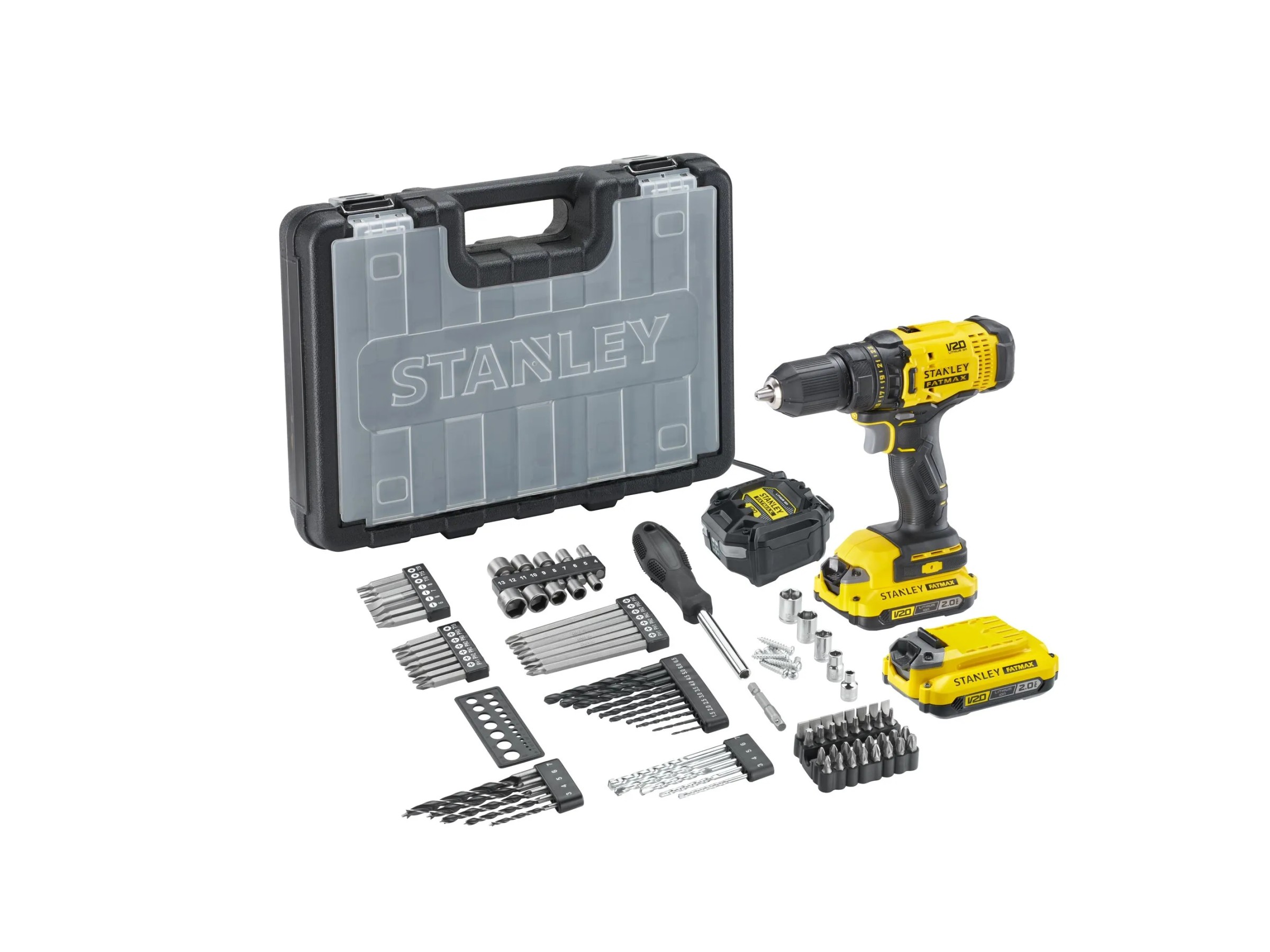 Wiertarko-wkrętarka + 100 akcesoriów — Stanley FATMAX V20 SFMCD700D2A-QW